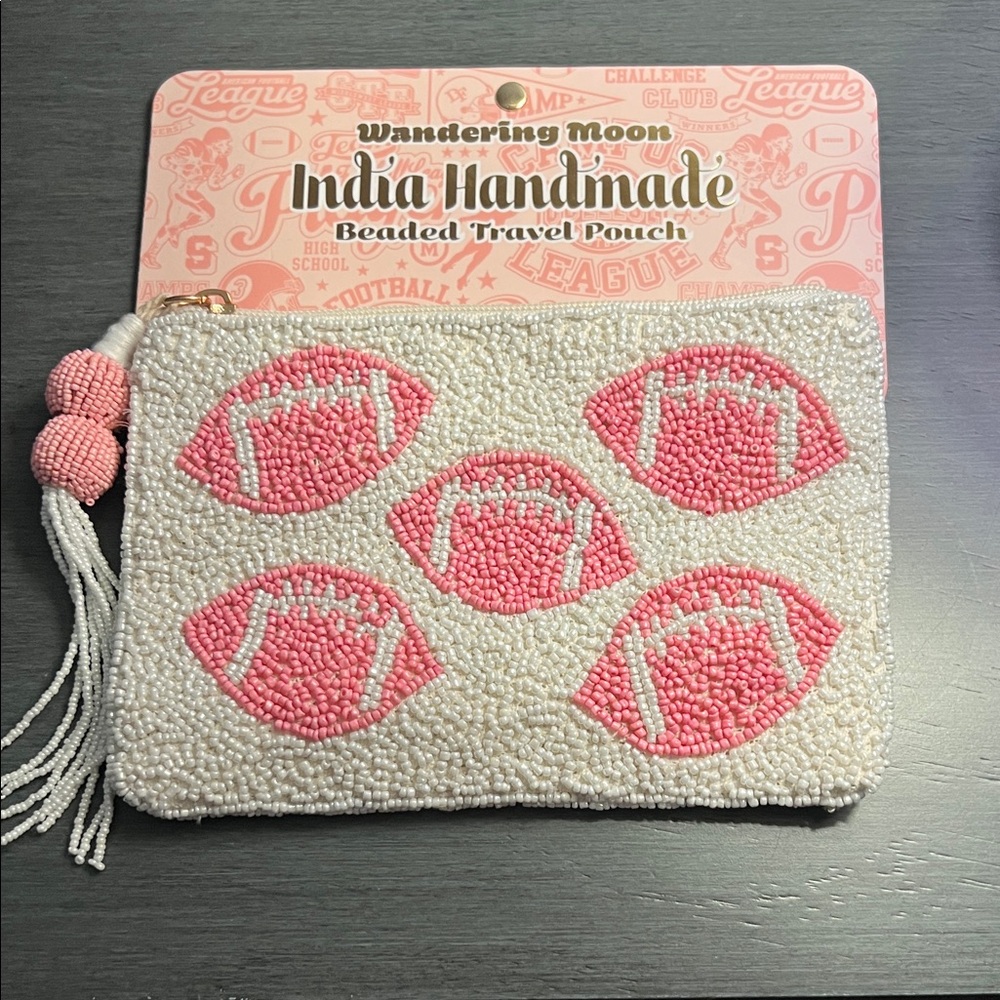 Pink and White Beaded Football Themed Travel Pouch